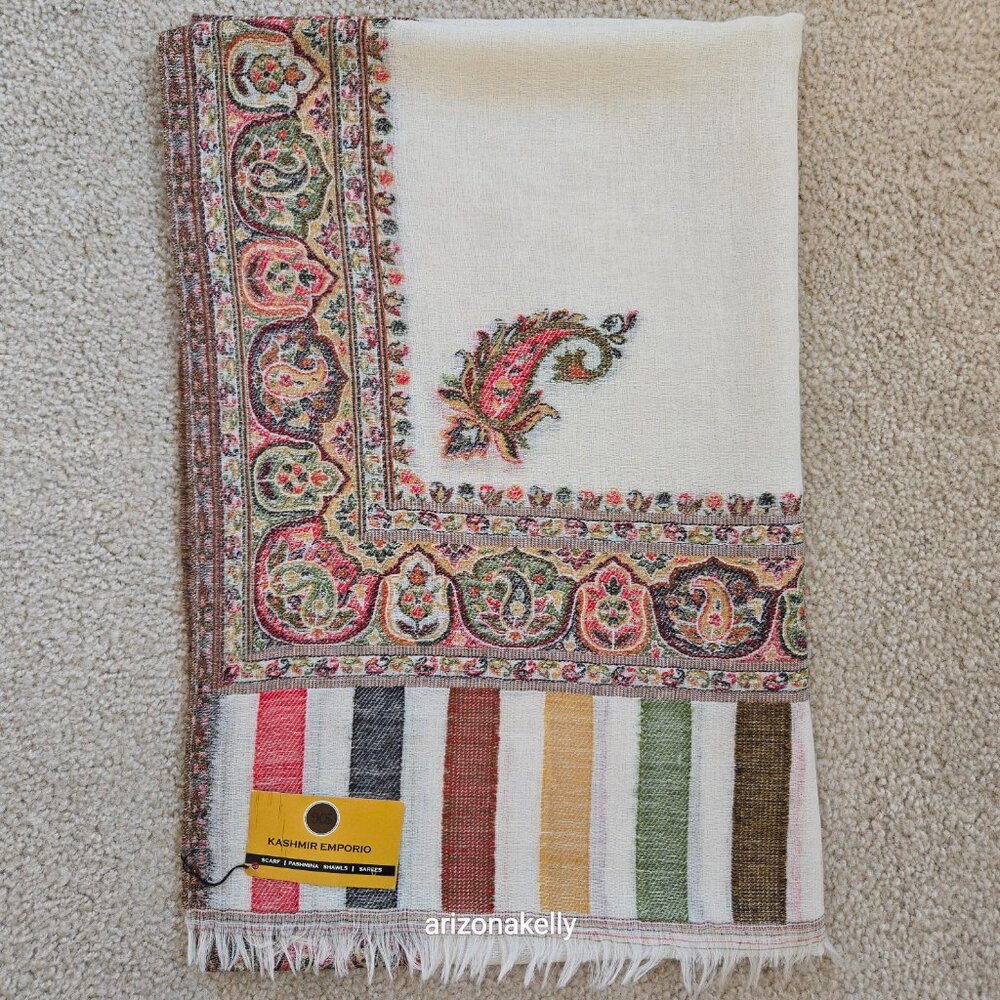 NWT Kashmir Emporio Colorful Wool Shawl Jacquard Scarf *FLAW* - Picture 15 of 16
